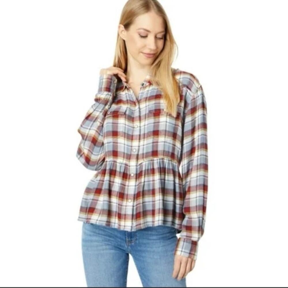 Lucky Brand Feminine Flannel Shirt Ruffle Size XL Burgundy & Grey Plaid chore